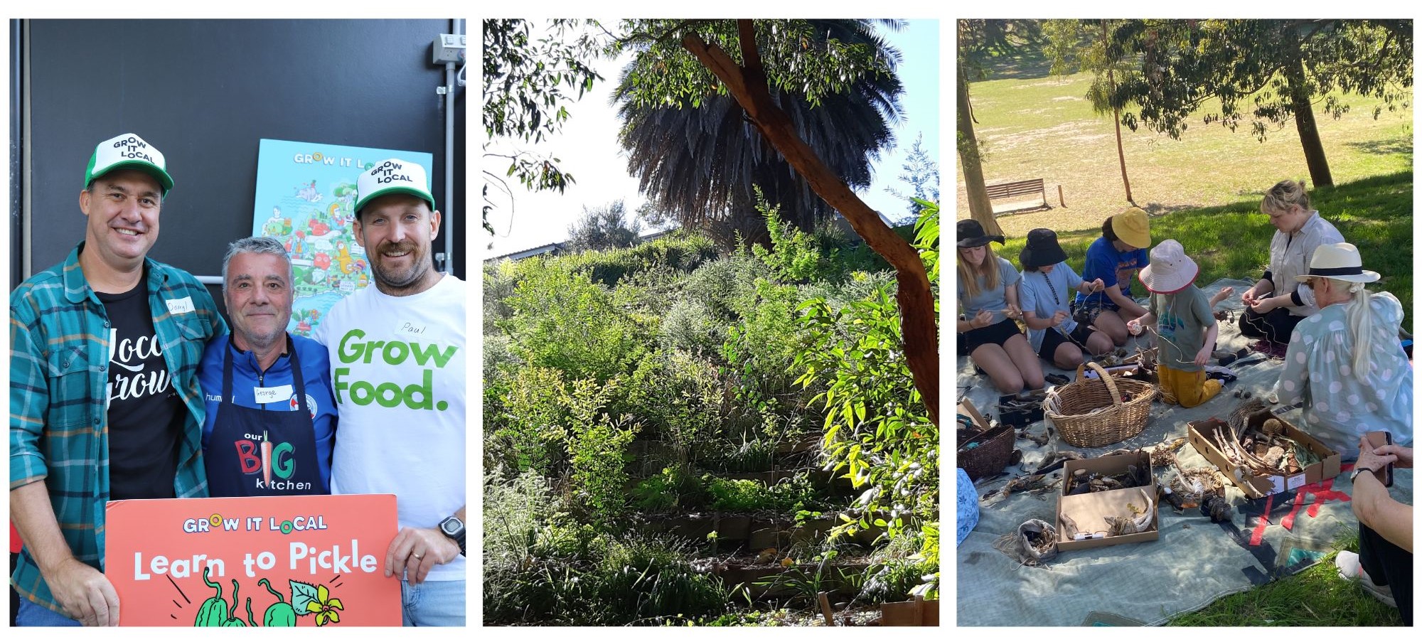 Three men with grow it local signage, native trees and people sitting down under a tree