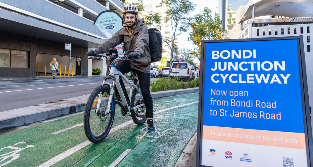 Delivery bike rider on the Bondi Junction cycleway on Spring Street - photo by Annabel Osborne