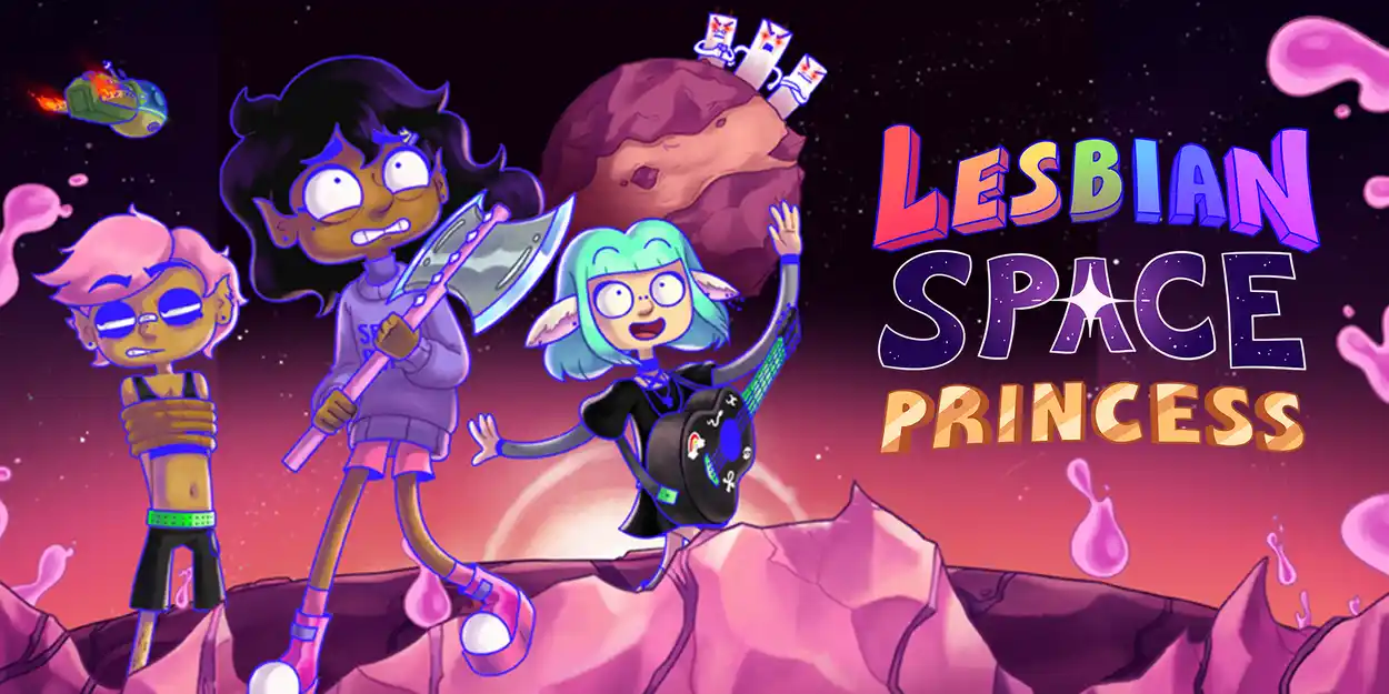 A poster for a film titled 'Lesbian Space Princess'. It shows three cartoon characters standing on the surface of a planet, with alien pink goop around them. In the background behind them is a spaceship, and another planet with three evil looking aliens.