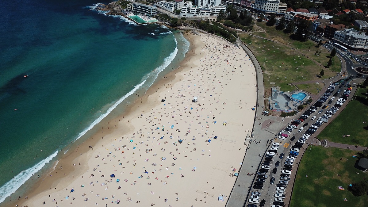 Drone image of Bondi Beach 12.45pm