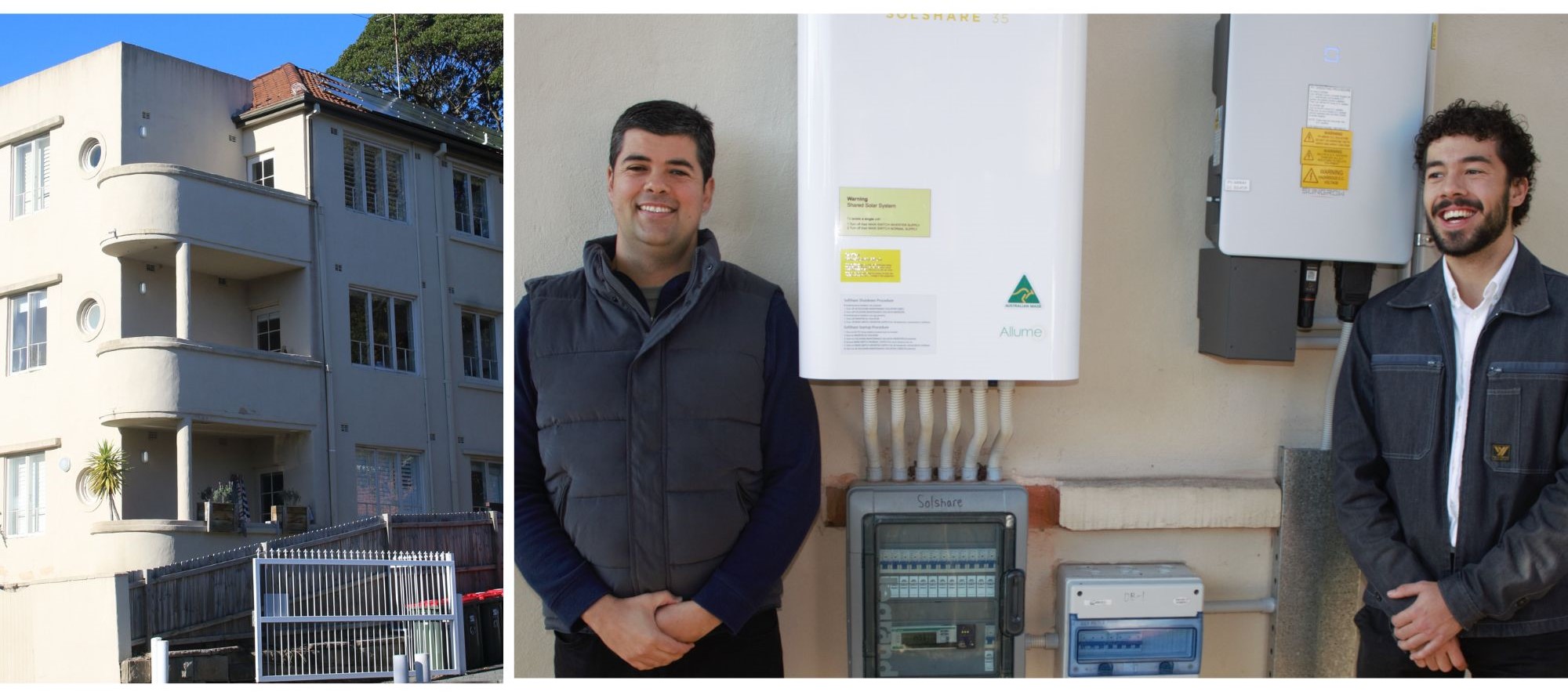 Apartment building showing solar panels and Jasper and Dan from Smarter Communities