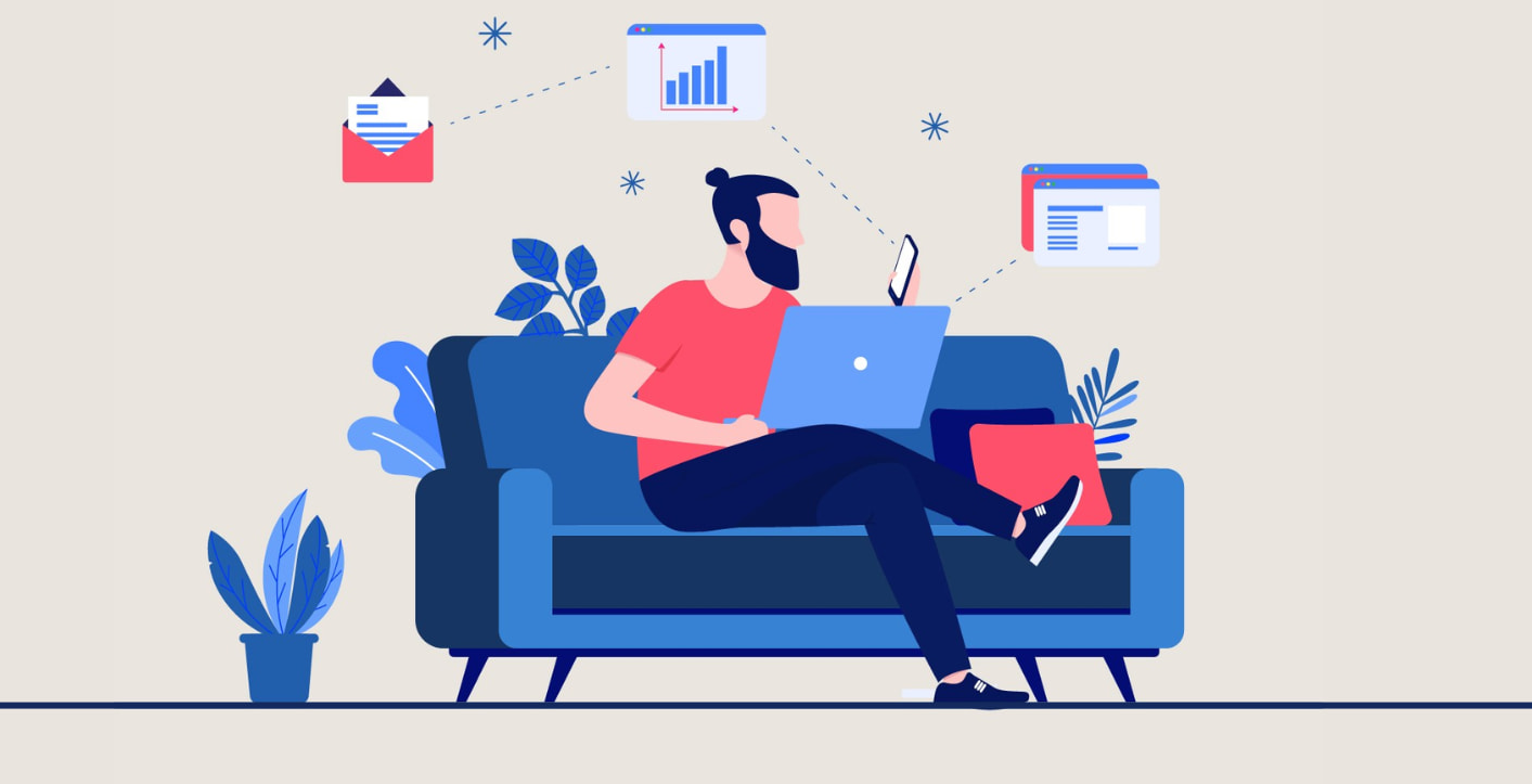 A graphic of a man sitting on a couch using a laptop and a phone to access information software such as diagrams, emails, and websites.