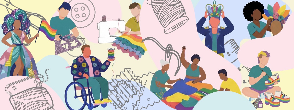A bright illustration showing people of all walks of life making and mending clothing, hats and shoes. The pride flag colours are spread throughout.