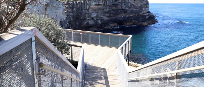 Diamond Bay clifftop walkway image with wooden stairs and lookout area