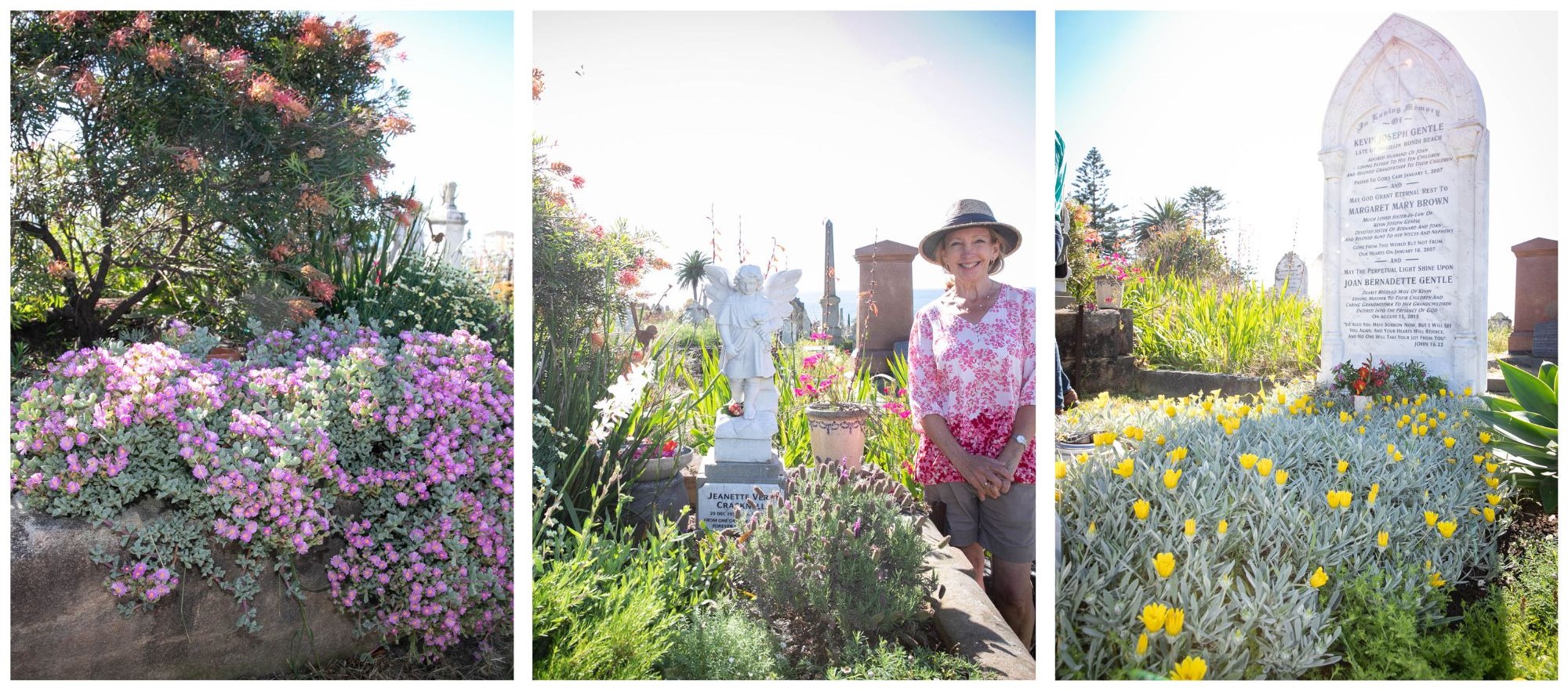 Graves wiht flowering shrubs and volunteer gardener Carrie