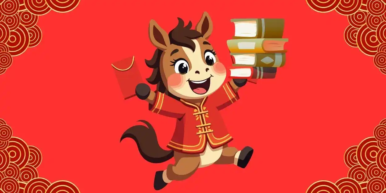 A graphic of a cute cartoon horse holding a stack of books. 